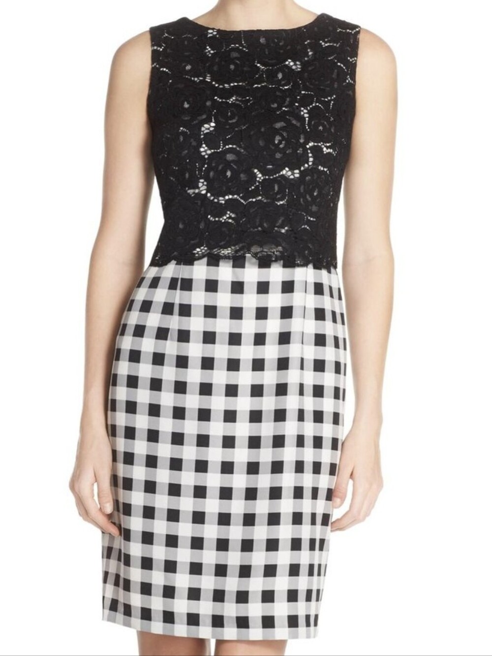 Ellen Tracy Black Lace and Black-and-White Gingham Sleeveless Sheath Dress - 10P